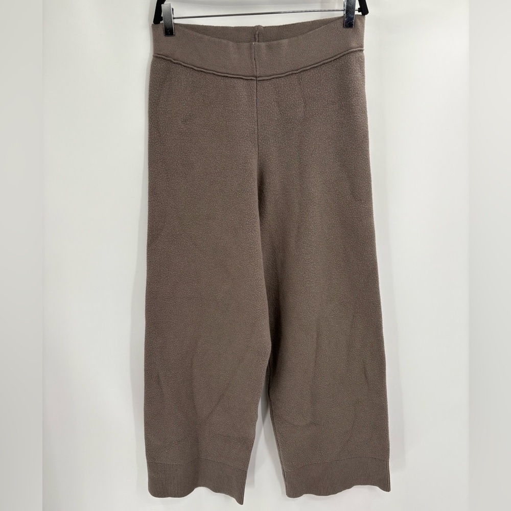 ZARA Knit Wide Leg Pants Brown Fleece Textured Ribbed Hem Pull-On Lounge Small